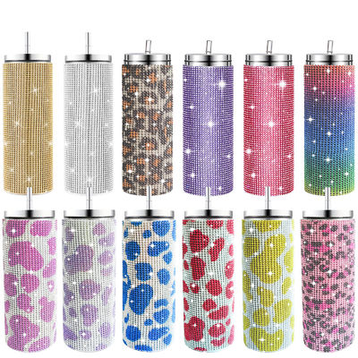 Rhinestone Bling Diamante Brillante Acero inoxidable Tumbler térmico Grande para el café té agua cerveza incluye tapa y paja