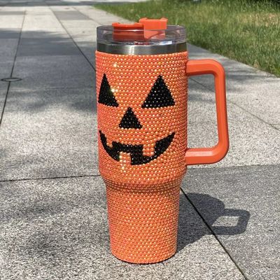 Diseño de Halloween 40oz Rhinestone Tumbler con patrón de calabaza y acero inoxidable