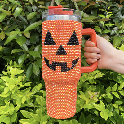Diseño de Halloween 40oz Rhinestone Tumbler con patrón de calabaza y acero inoxidable