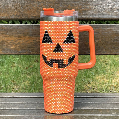 Diseño de Halloween 40oz Rhinestone Tumbler con patrón de calabaza y acero inoxidable