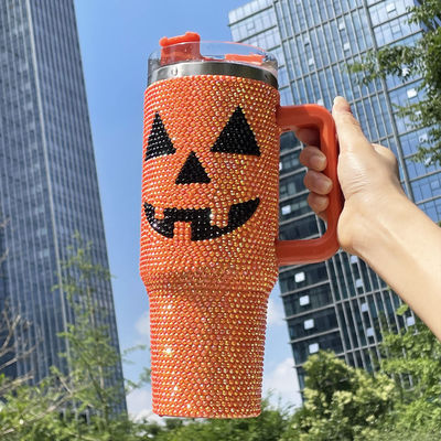 Diseño de Halloween 40oz Rhinestone Tumbler con patrón de calabaza y acero inoxidable