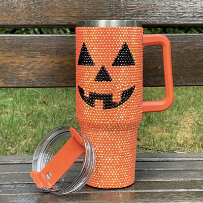 Diseño de Halloween 40oz Rhinestone Tumbler con patrón de calabaza y acero inoxidable