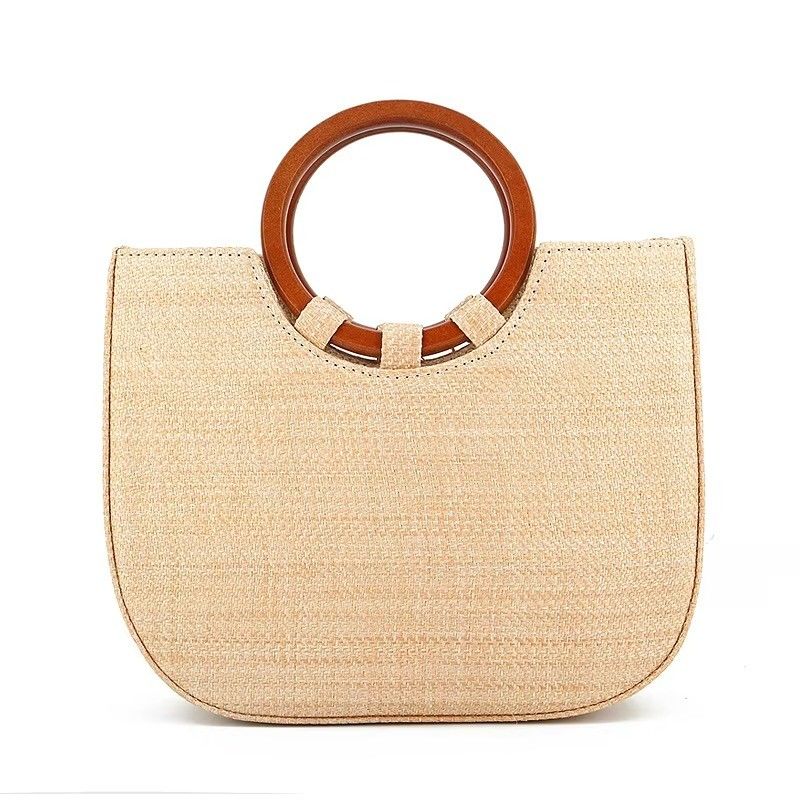 Bolso de mujer tejido con hierba y mango de madera para el ocio con diseños de moda